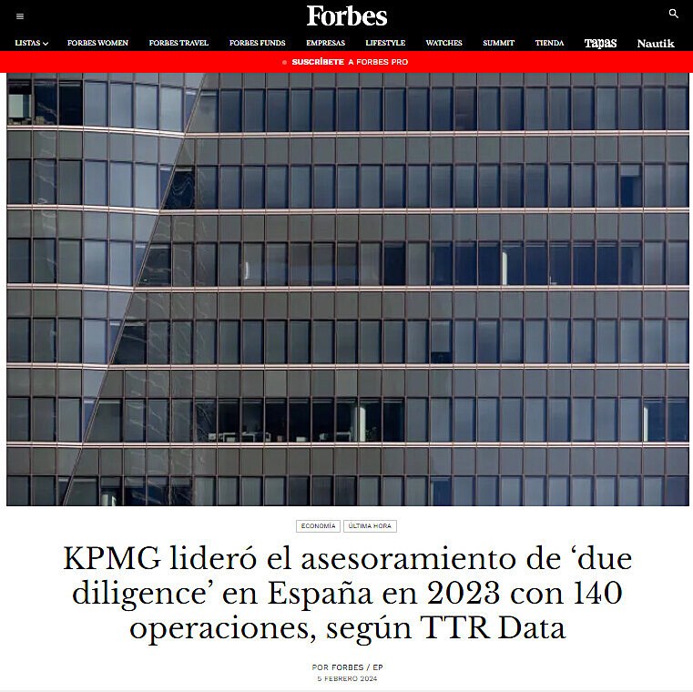KPMG lider el asesoramiento de due diligence en Espaa en 2023 con 140 operaciones, segn TTR Data